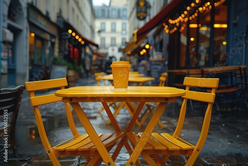 A yellow table with two chairs and a cup of coffee on it photo