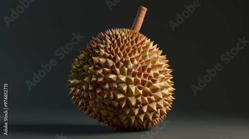 Close-up of a single durian fruit with detailed sharp thorns. AI generative photo