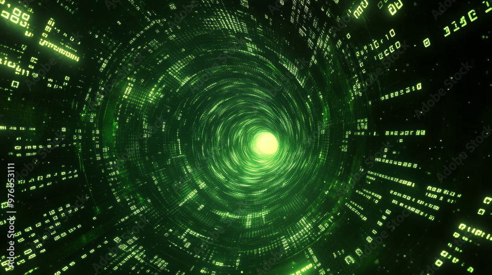 Green abstract matrix vortex background with a dynamic spiral of binary code. Illustrates programming, coding, and hacker themes, with binary numbers swirling in a sci-fi vector design. Green abstract matrix vortex background with a dynamic spiral of binary code. Illustrates programming, coding, and hacker themes, with binary numbers swirling in a sci-fi vector design.
