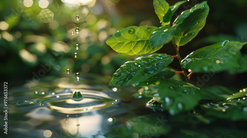 Close-up nature shot with water drops in a detailed outdoor scene. AI generative photo