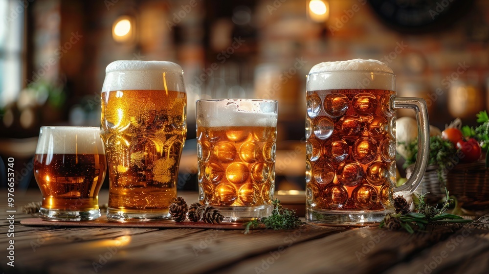 Variety of Light Beers for Oktoberfest Party on Brick Wall Background Variety of Light Beers for Oktoberfest Party on Brick Wall Background