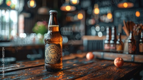 Craft Beer Branding Mockup Set with Glass Bottles, Vintage Lettering, and Logo Template for Beer Shops and Pubs photo