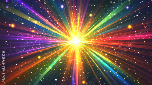 Abstract rainbow halo rays on a transparent background, featuring a starburst or sunburst effect in rainbow colors. Includes anime-style burst light rays and holographic lens flare reflections. 