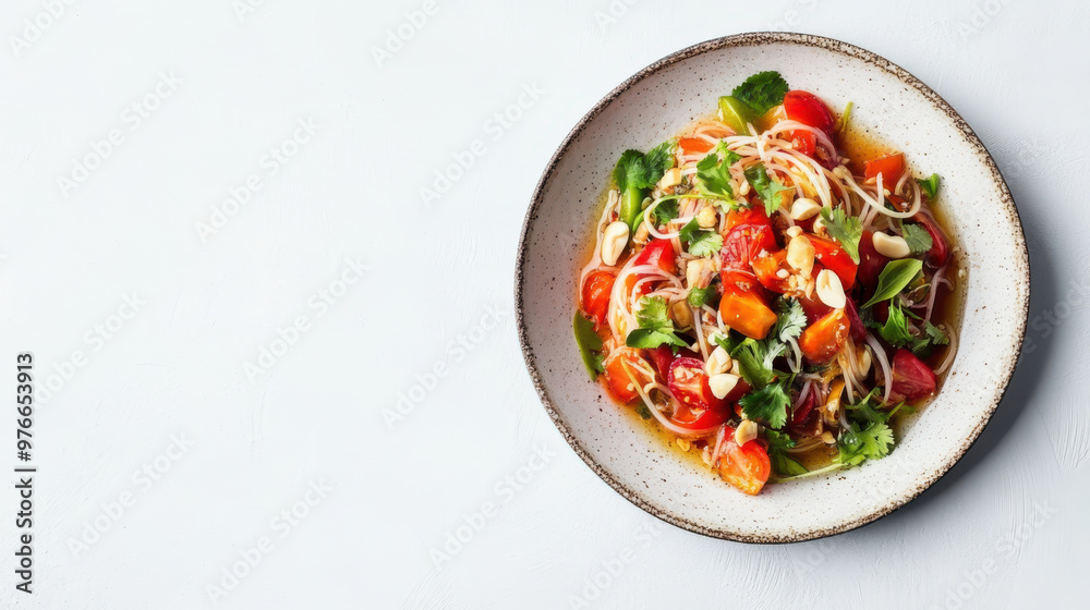 A colorful papaya salad on a white plate, with a mortar and pestle as props, set against a white background with advertising space available. A colorful papaya salad on a white plate, with a mortar and pestle as props, set against a white background with advertising space available.