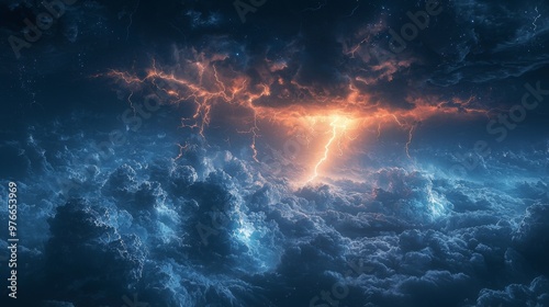 Environmental storm scene, a bolt of lightning illuminating the sky, nature's energy creating a dramatic atmosphere