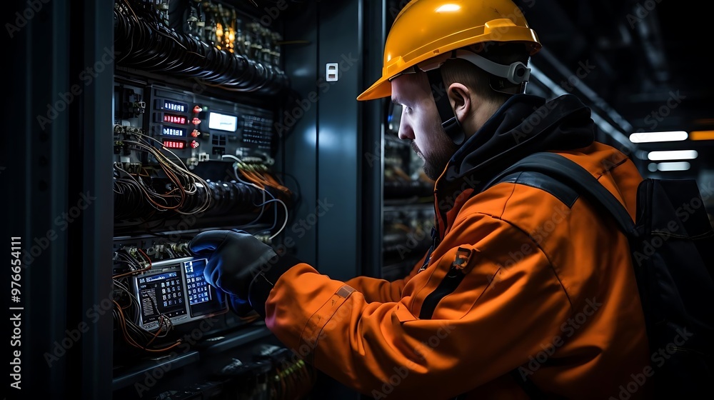 A technician working on electrical equipment in a control room.