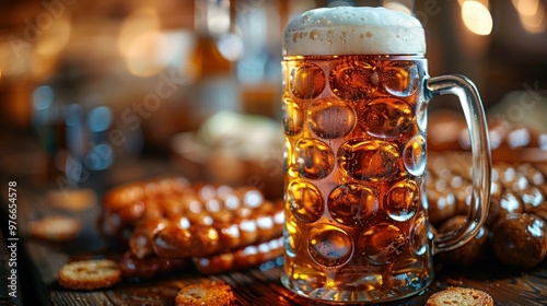 Close-Up of Lager Beer with Snack Sausages and Sauerkraut in Background