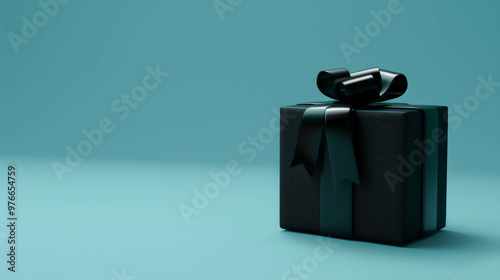 Elegant black gift package on light blue background. AI generative photo