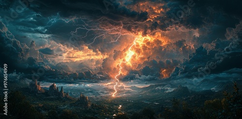 Environmental storm scene with lightning illuminating the sky, the landscape bathed in a dangerous glow photo