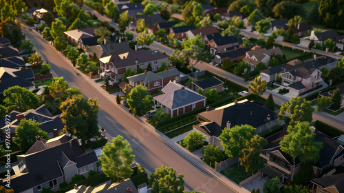 Detached houses in a suburban neighborhood with property subdivision. AI generative photo