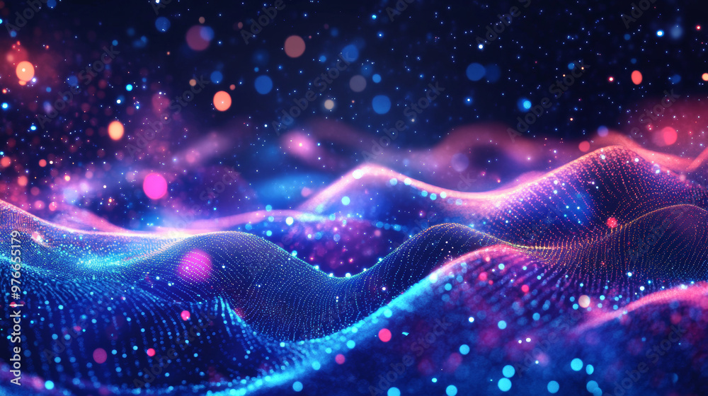 Abstract illustration of science and technology, highlighting a big data neural network concept. Features waves, dots, and woven lines. Represents AI visualization and a digital universe in a vector. Abstract illustration of science and technology, highlighting a big data neural network concept. Features waves, dots, and woven lines. Represents AI visualization and a digital universe in a vector.