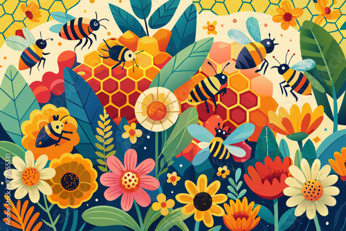 A lively swarm of bees is illustrated in a sea of vibrant flowers and honeycomb, celebrating the beauty and importance of pollination. World Bee Day. seamless pattern with flowers