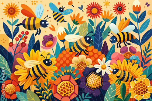 A lively swarm of bees is illustrated in a sea of vibrant flowers and honeycomb, celebrating the beauty and importance of pollination. World Bee Day. seamless pattern with flowers