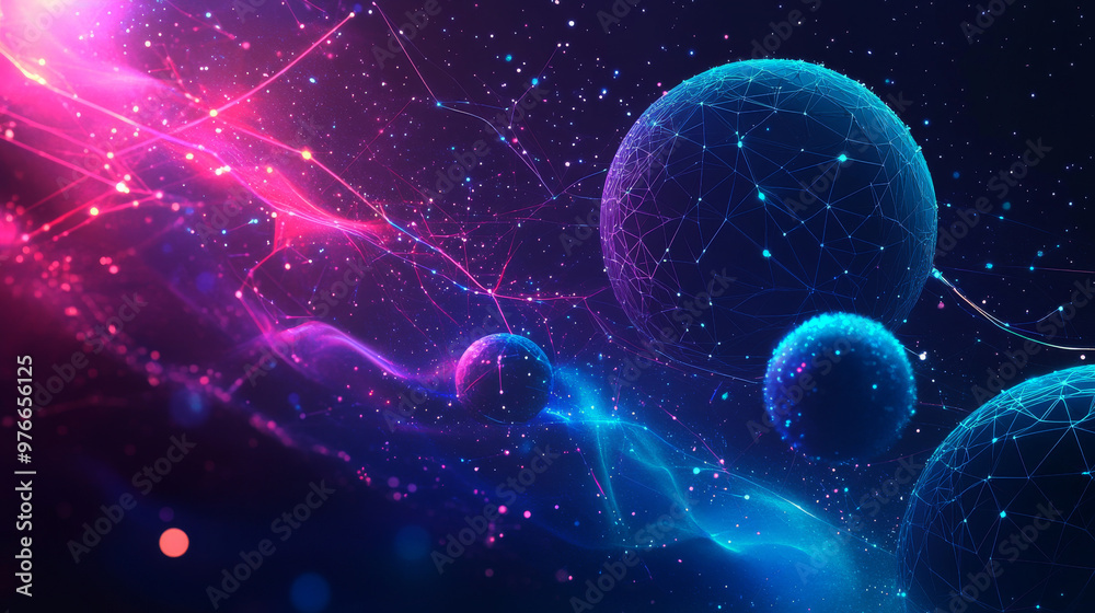 Abstract technology posters featuring a science and future innovation concept. Includes space shapes and planets in blue-purple hues. Ideal for futuristic book covers or digital low-poly fiction flyer Abstract technology posters featuring a science and future innovation concept. Includes space shapes and planets in blue-purple hues. Ideal for futuristic book covers or digital low-poly fiction flyer