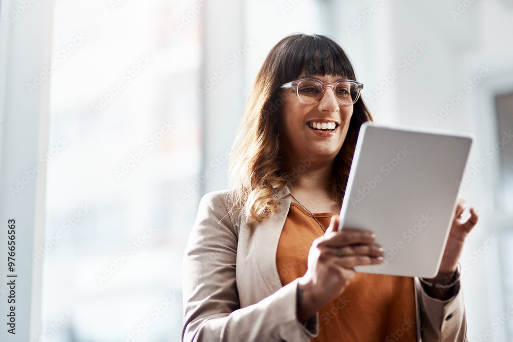Tablet, happy and businesswoman in office for creative project for international public relations client. Research, digital technology and female communications director with email for media report. Tablet, happy and businesswoman in office for creative project for international public relations client. Research, digital technology and female communications director with email for media report.