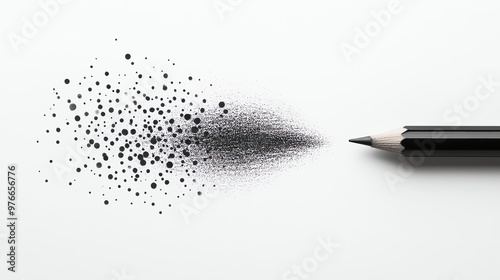 A black pencil draws a trail of small black dots across white paper. photo