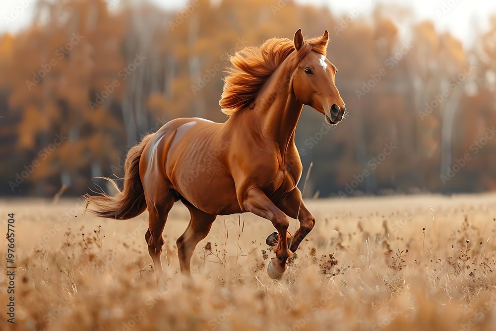 Obraz premium A chestnut horse galloping through a golden autumn field.