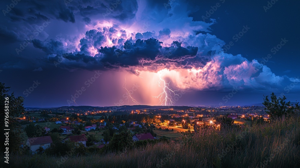 Fototapeta premium Hazardous weather with intense lightning flashing, the atmosphere charged with energy and danger