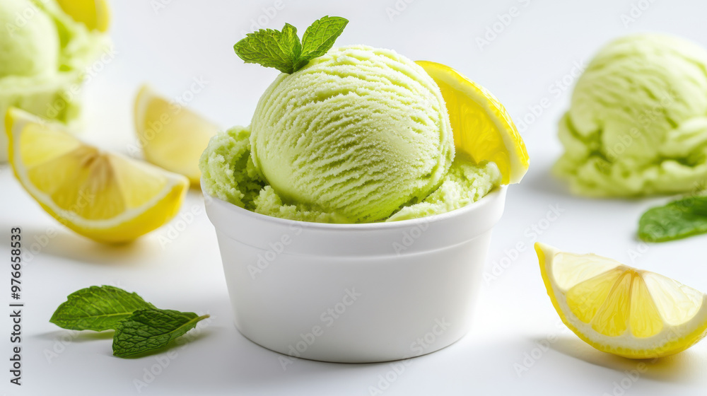 A close-up of mint chocolate chip ice cream in a white bowl with fresh mint leaves.lemon ball ice cream with vanilla on white background. Summer sweet dessert A close-up of mint chocolate chip ice cream in a white bowl with fresh mint leaves.lemon ball ice cream with vanilla on white background. Summer sweet dessert