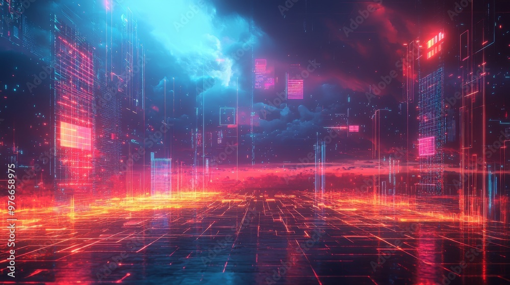 Fototapeta premium Interactive weather map showing temperature trends, hologram style, futuristic lab environment, vibrant colors