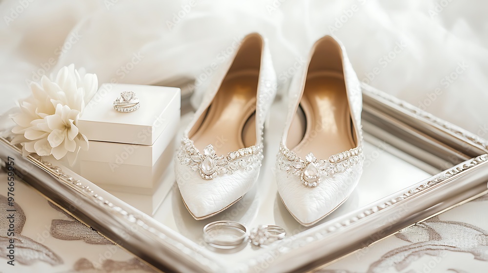 Wedding Accessories: White Shoes, Rings, and a Flower on a Tray Wedding Accessories: White Shoes, Rings, and a Flower on a Tray
