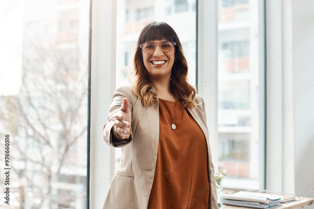 Fototapeta premium Portrait, business and woman with handshake, recruitment and meeting for job interview. Closeup, person or employee in office, onboarding or b2b deal with welcome, smile or partnership with promotion
