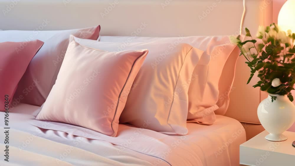 A relaxing bedroom arrangement with soft pastel linens and elegant decor for a cozy ambiance A relaxing bedroom arrangement with soft pastel linens and elegant decor for a cozy ambiance
