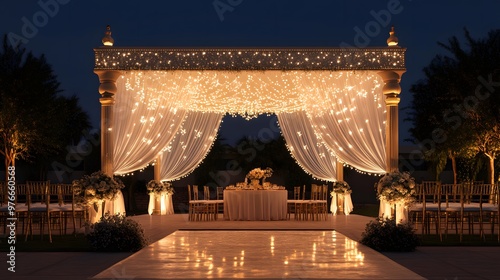 A wedding ceremony setup with a decorated mandap, chairs, flowers and lights in a garden at night.