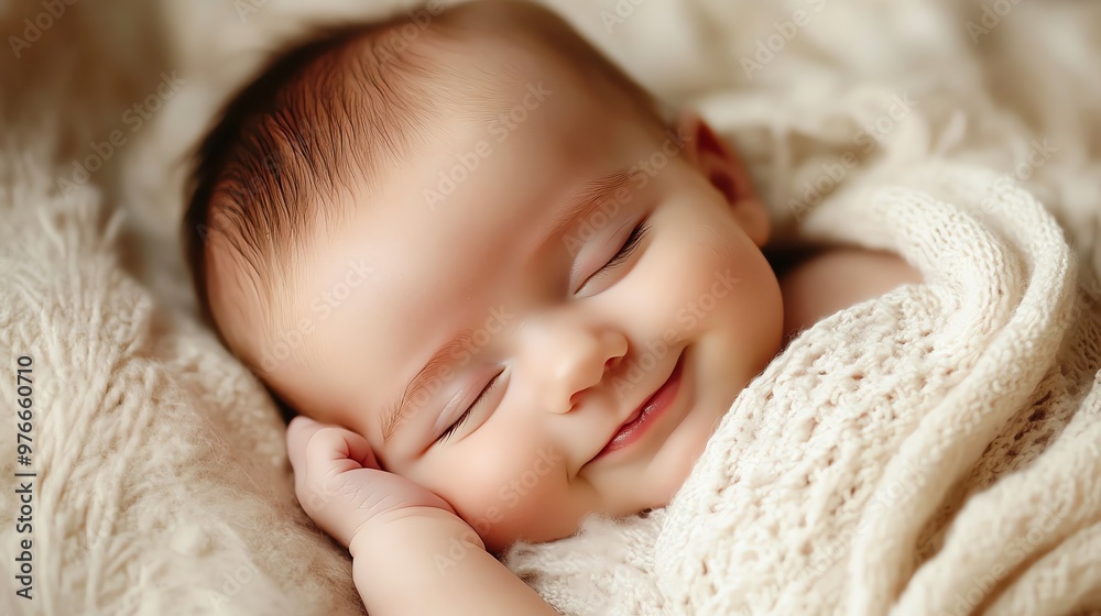 A sweet baby sleeps peacefully, wrapped in a soft blanket, with a gentle smile on their face. A sweet baby sleeps peacefully, wrapped in a soft blanket, with a gentle smile on their face.