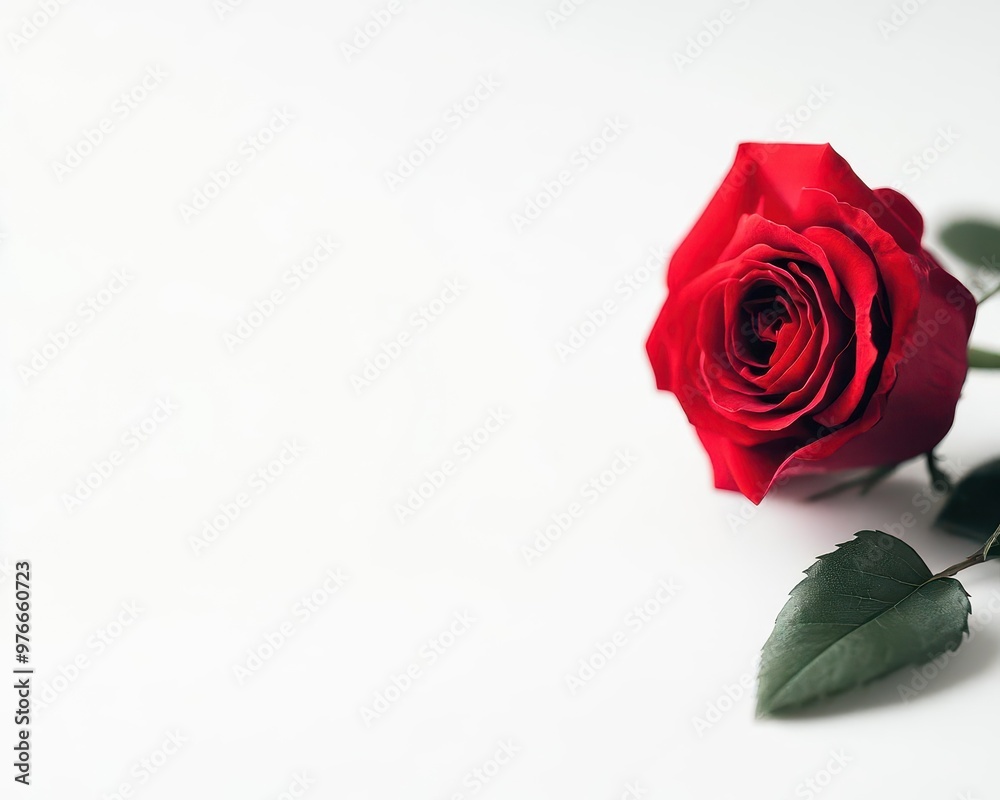 Fototapeta premium A vibrant red rose with lush green leaves on a clean, white background, symbolizing love and beauty with isolated on white background