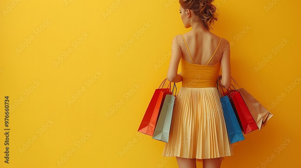 A woman holding shopping bags against a bright yellow background. A woman holding shopping bags against a bright yellow background.