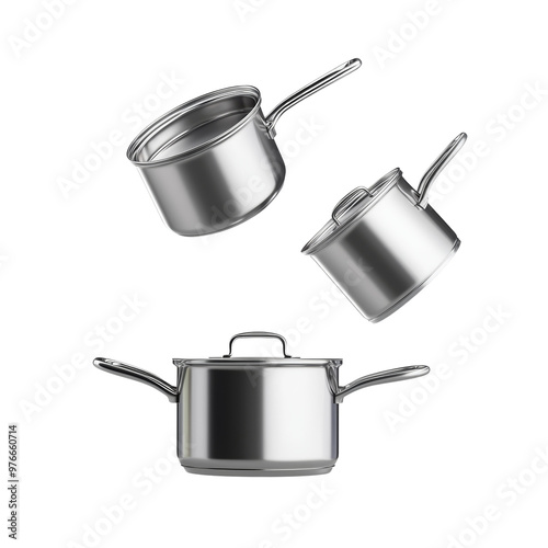 Collection of metallic cooking pots and saucepans for kitchen use photo