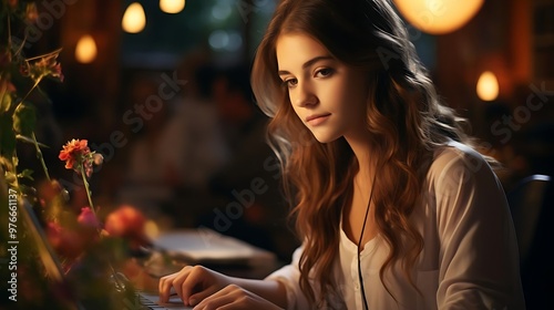 A young woman working on a laptop in a cozy caf? setting.