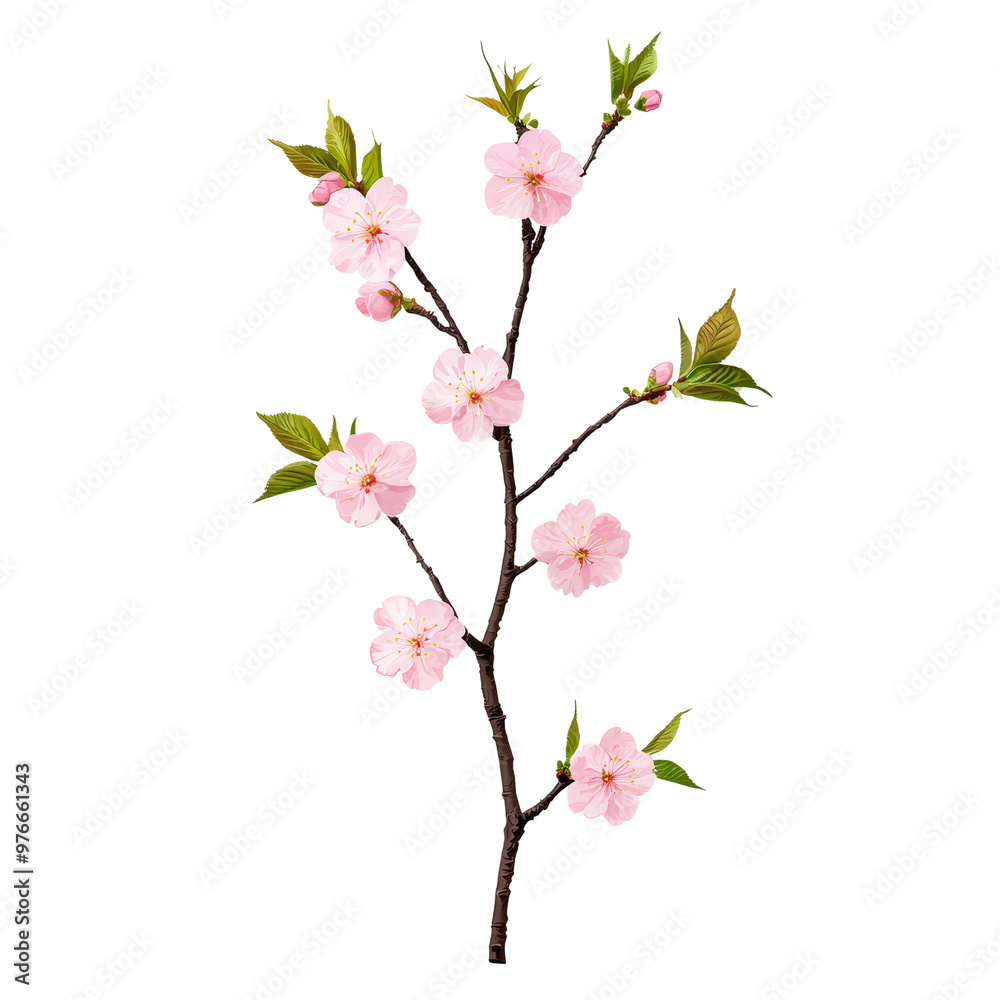 Cherry blossom branch with pink flowers and green leaves on dark background Cherry blossom branch with pink flowers and green leaves on dark background