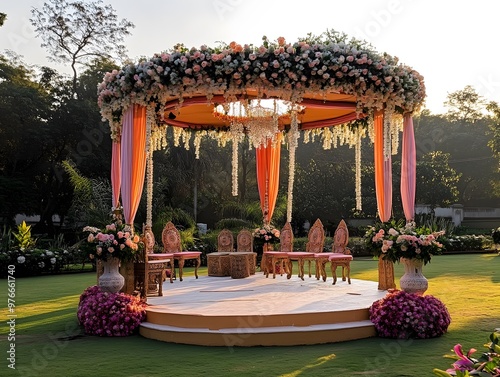 A traditional Indian wedding mandap decorated with flowers and drapes, set up in a garden. photo