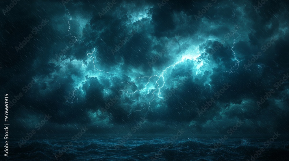 Night sky illuminated by a powerful storm, lightning bolts cutting through the darkness with force Night sky illuminated by a powerful storm, lightning bolts cutting through the darkness with force