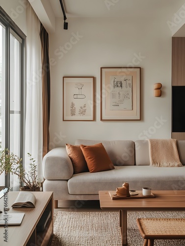 A modern living room with a beige sofa, a wooden coffee table, and two framed prints on the wall.