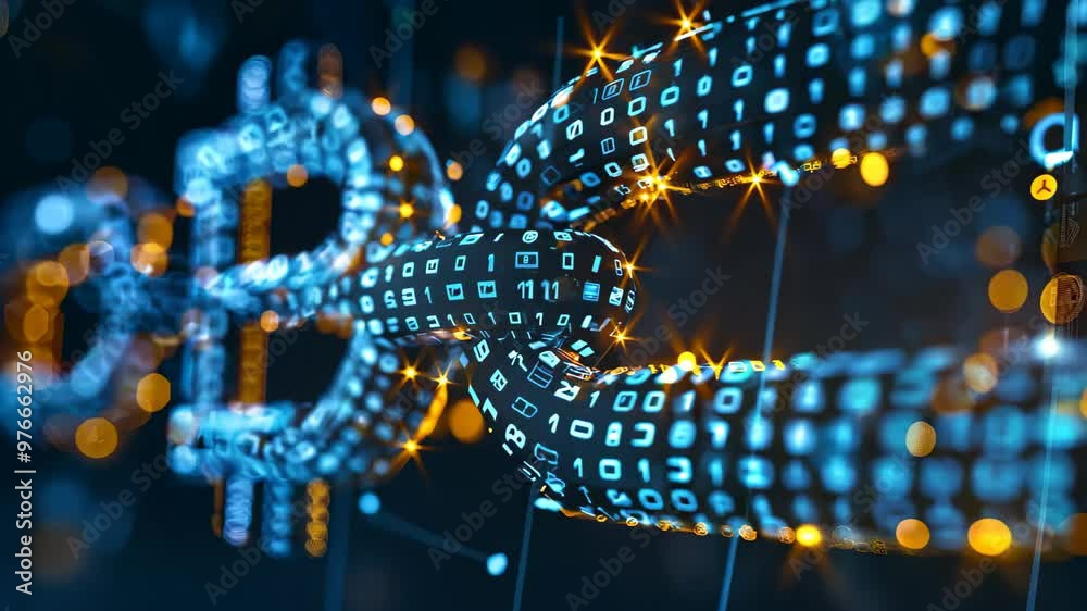 A vibrant digital representation of a blockchain network, showcasing a glowing chain link intertwined with binary code. A vibrant digital representation of a blockchain network, showcasing a glowing chain link intertwined with binary code.