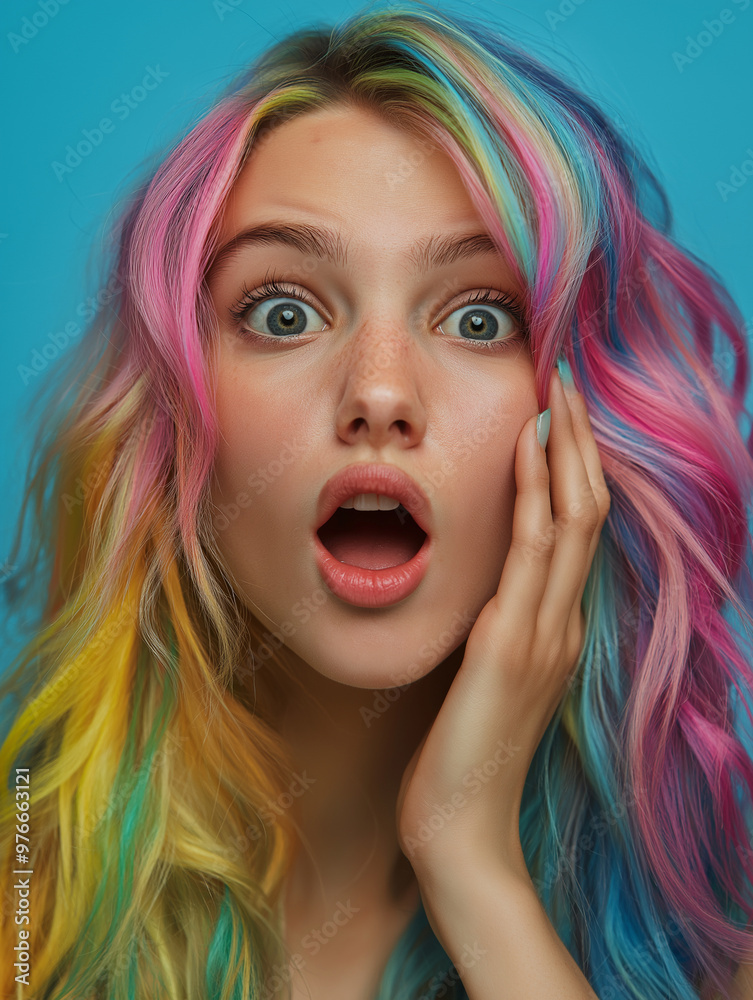 Naklejka premium Überraschte junge Frau mit Regenbogenfarbenen Haaren mit weit geöffneten Augen. Ausdrucksstarkes Porträt, emotionale Gestik. Authentische Reaktion, lebendige Mimik