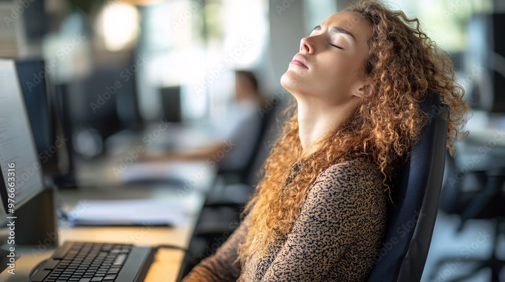 A professional office worker, sitting at a desk, showing visible discomfort in their neck and shoulders. The image emphasizes the strain caused by long hours of desk work. The posture is slouched, A professional office worker, sitting at a desk, showing visible discomfort in their neck and shoulders. The image emphasizes the strain caused by long hours of desk work. The posture is slouched,