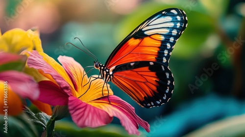 A butterfly is resting on a pink flower