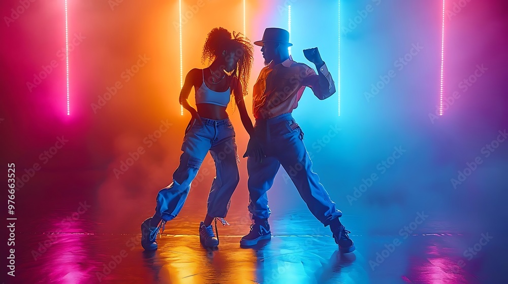 Fototapeta premium Two dancers perform under colorful lights in a dynamic atmosphere.