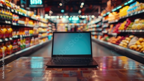 Laptop on table in supermarket online shopping