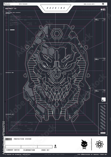 Modern flyer for web and print. hacking, Cyberpunk futuristic poster. Futuristic mecha robot face. Tech Abstract poster template with HUD elements.