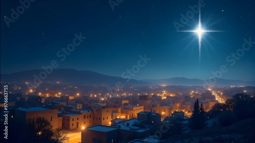 Christmas Star Over Bethlehem, A landscape view of Bethlehem at night, with the Christmas star prominently glowing over the town. photo