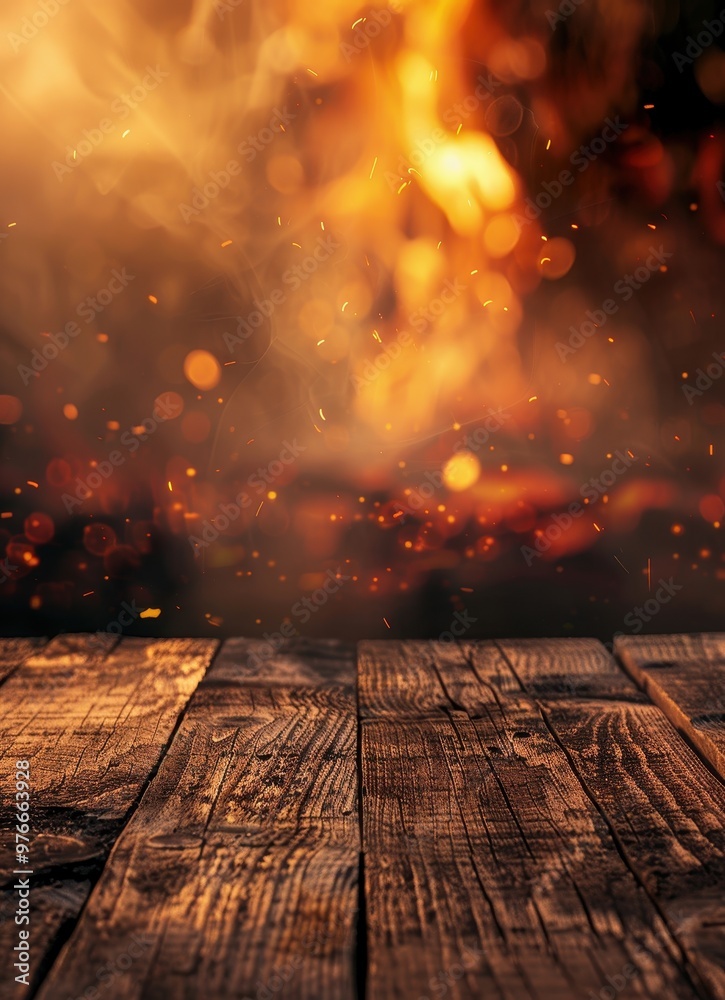 Wooden table table top with blurred fire background Wooden table table top with blurred fire background