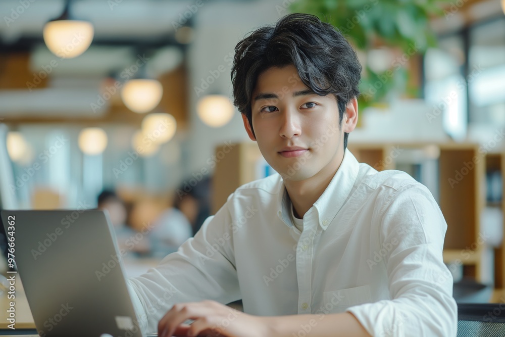 A young Japanese man in his early to mid-20s is sitting at an office desk, focused on typing on the laptop screen. A young Japanese man in his early to mid-20s is sitting at an office desk, focused on typing on the laptop screen.