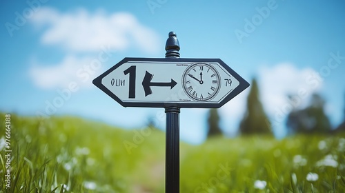 An old-fashioned signpost with two arrows, with one pointing to a clock that reads 12:15 and the other pointing to 