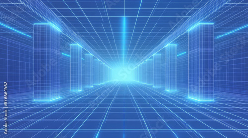 Metaverse VR wireframe room with a blue background. Features a vector perspective grid and a futuristic geometric VR game backdrop. Includes a digital cyber space box in vector illustration.