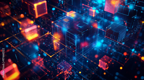 Big data storage technology featuring an abstract data cube background. Modern technology banner showcasing information servers and data science algorithms in vector illustration.